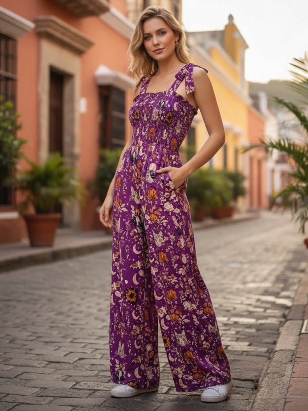 Karma Nepal Crafts Purple Floral & Cat Print Wide-Leg Jumpsuit size S/M